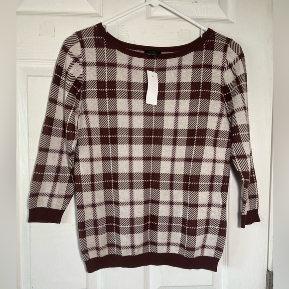 Ann Taylor Factory Sweaters - Ann Taylor Factory Burgundy/Cream Plaid Knit Long Sleeve Crew Neck Sweater Sz XS